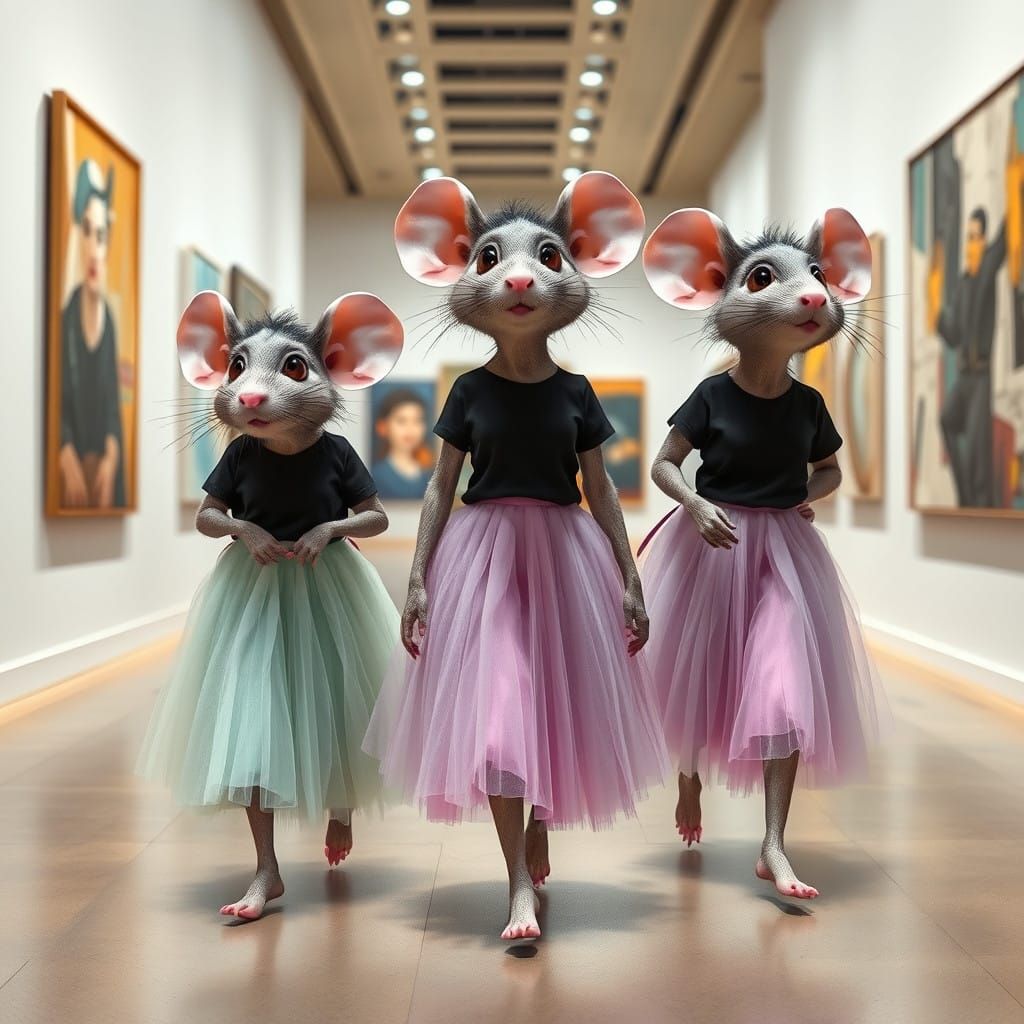 Three Stylish Mice Indulge in Modern Art