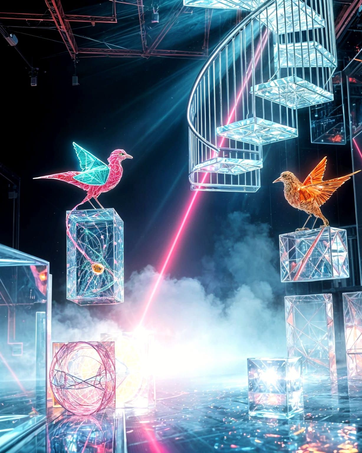 Surreal Floating Staircase with Origami Birds