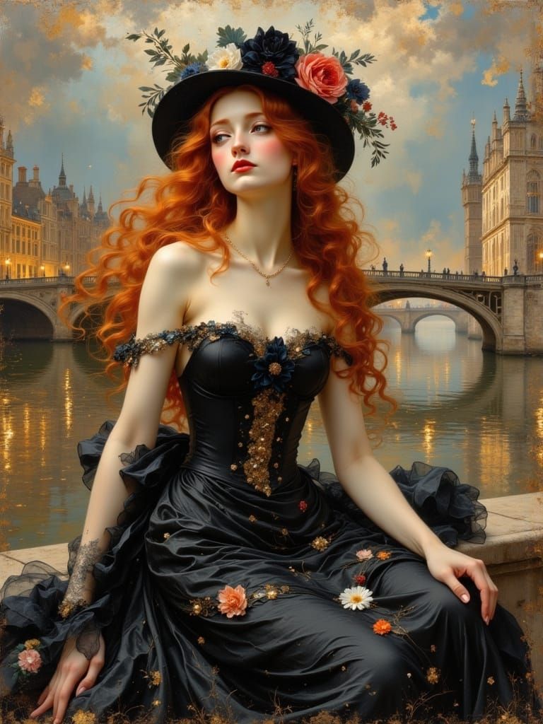 Victorian Woman in Rococo Black Dress Oil Painting