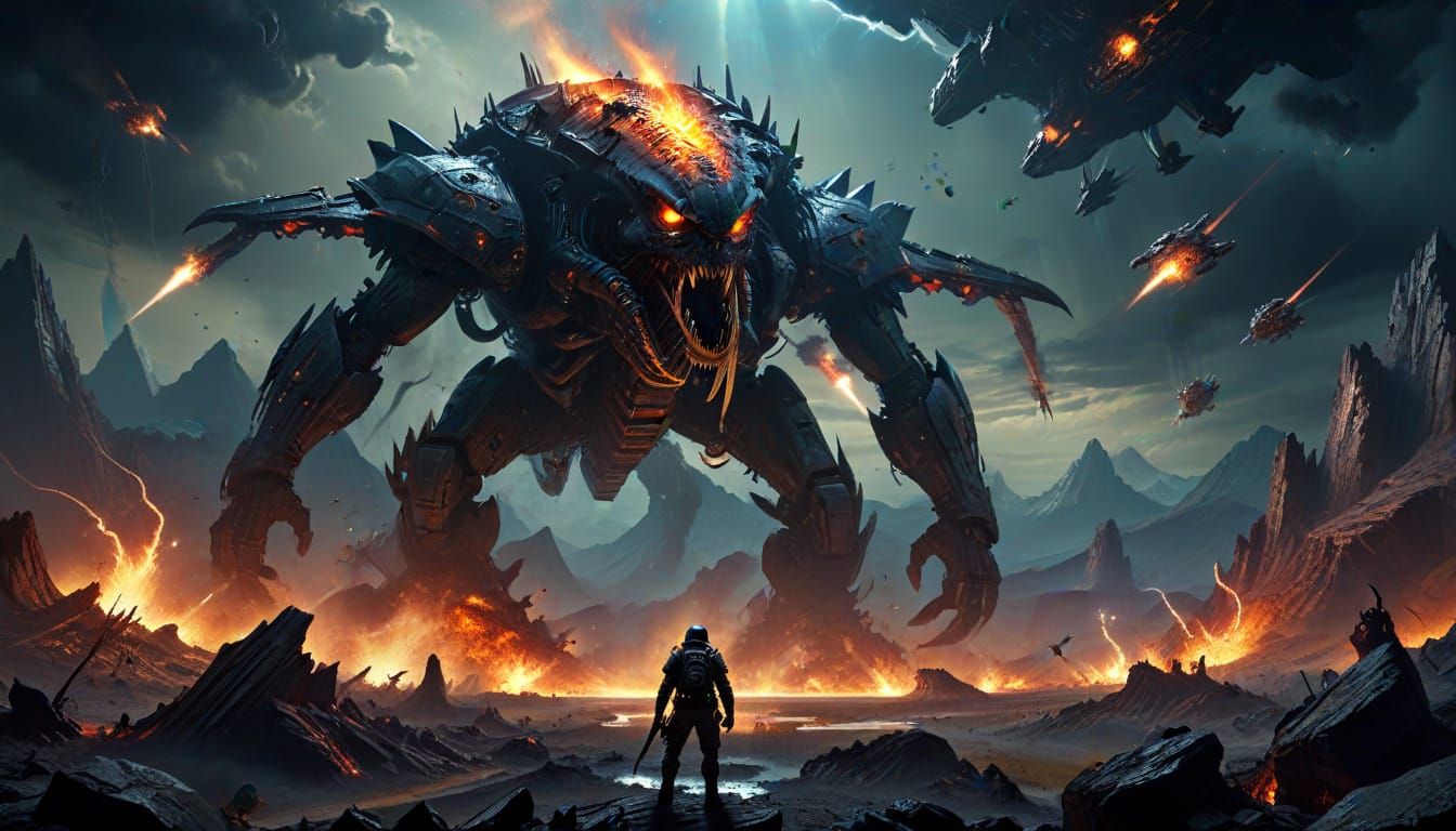 Epic Space Battle: Alien Commander Stands Tall Amidst Cosmic...