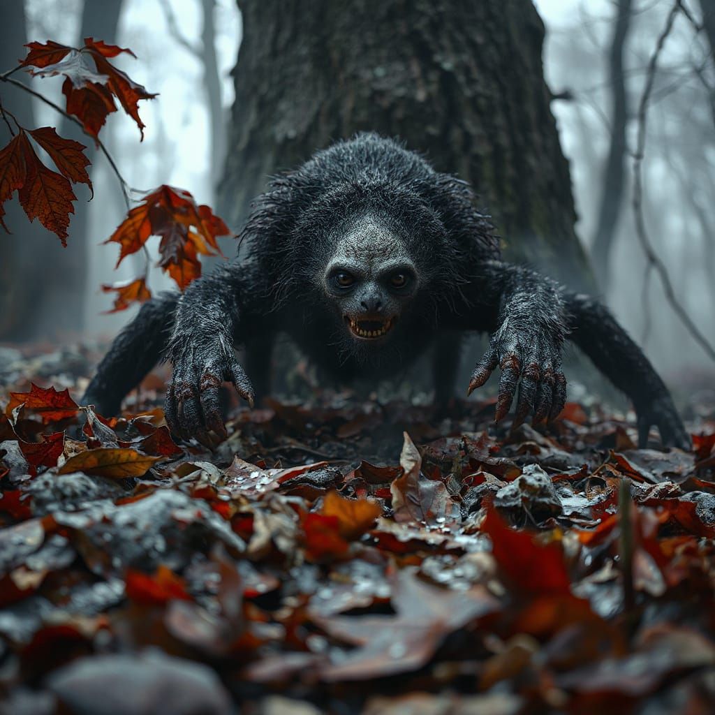 Creepy Sloth Crawls Through Autumn Leaves