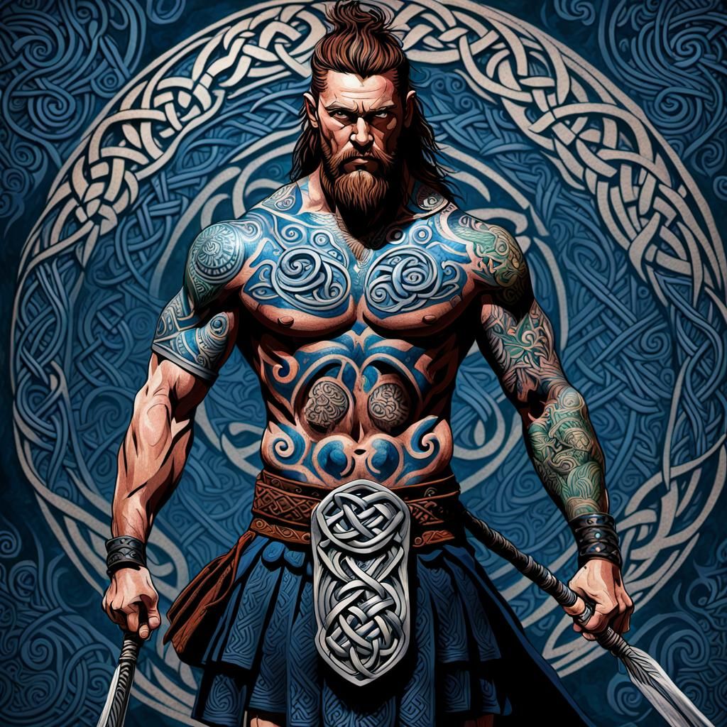 Celtic Warrior with Tribal Tattoos in Detailed Environment