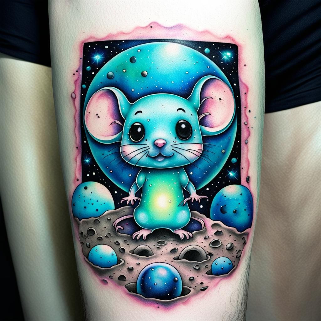 Aqua Chibi Mouse Tattoo on Moon Surface