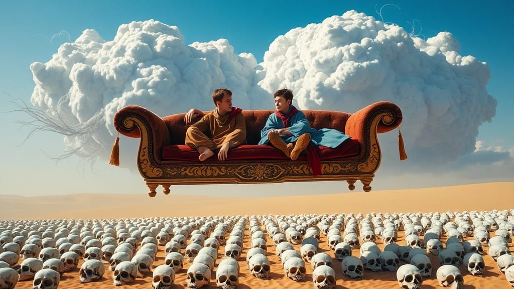 Boys on Flying Couch Under Ominous Cloud, Surreal Art