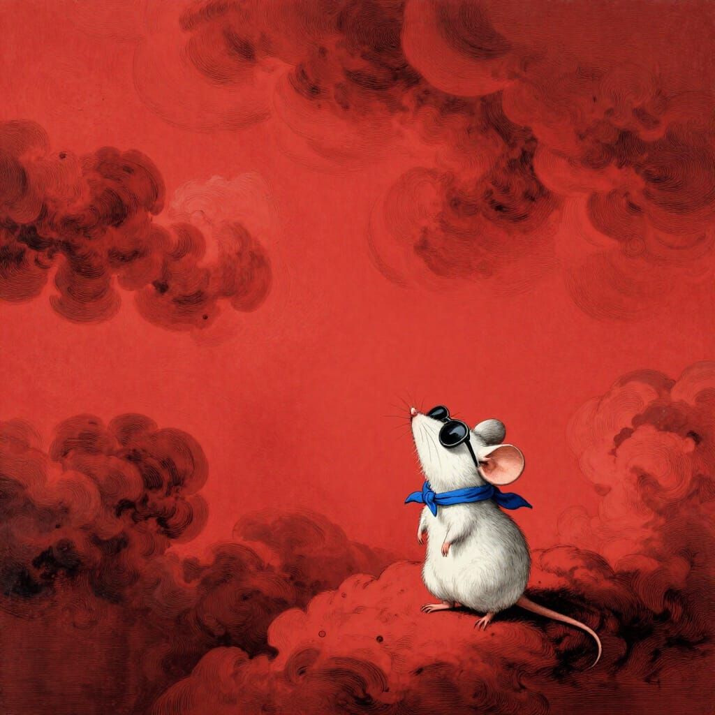 Tiny Mouse in Violent Red Sky, Horror Art Style