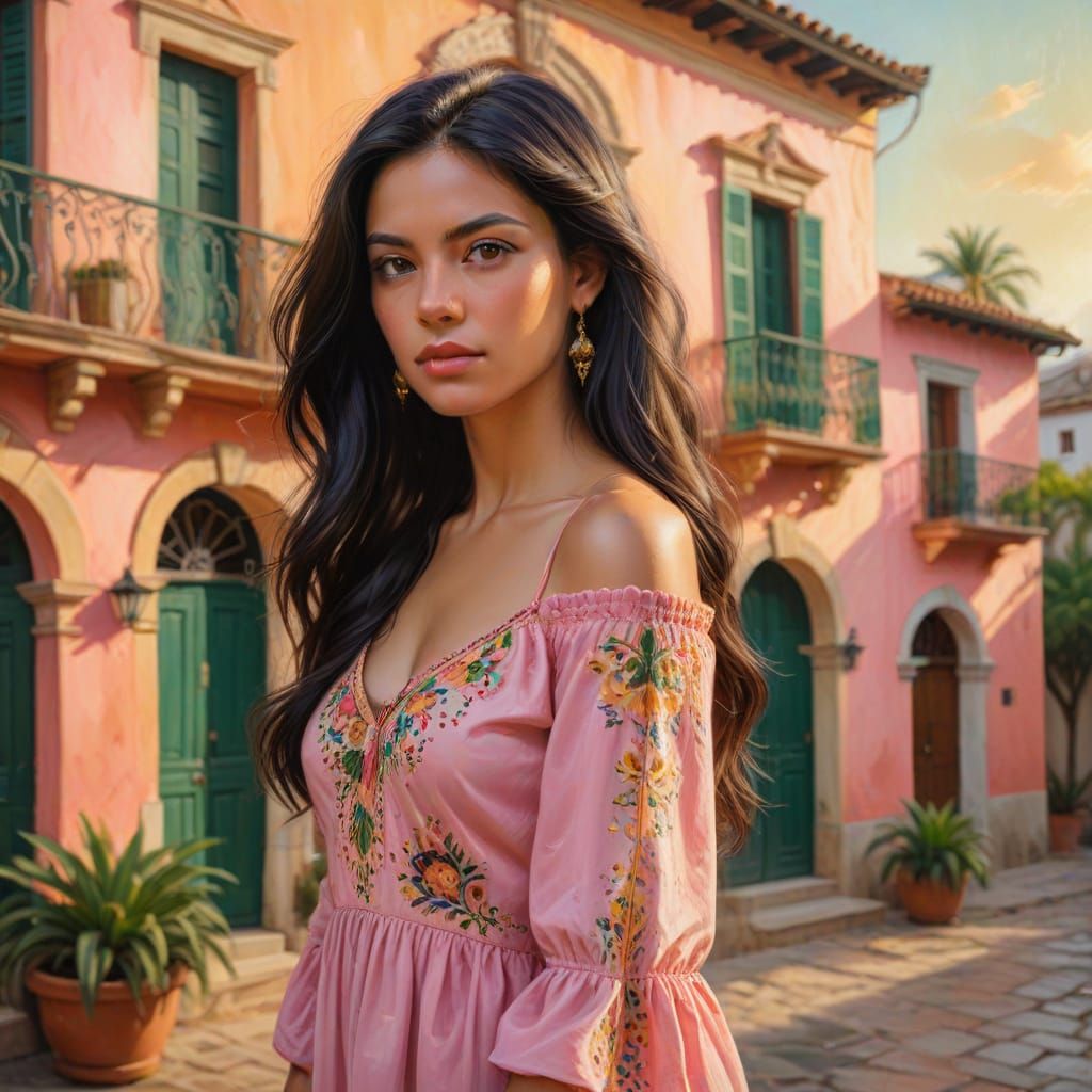 Colombian Woman in Pink Dress, Vibrant Oil Painting