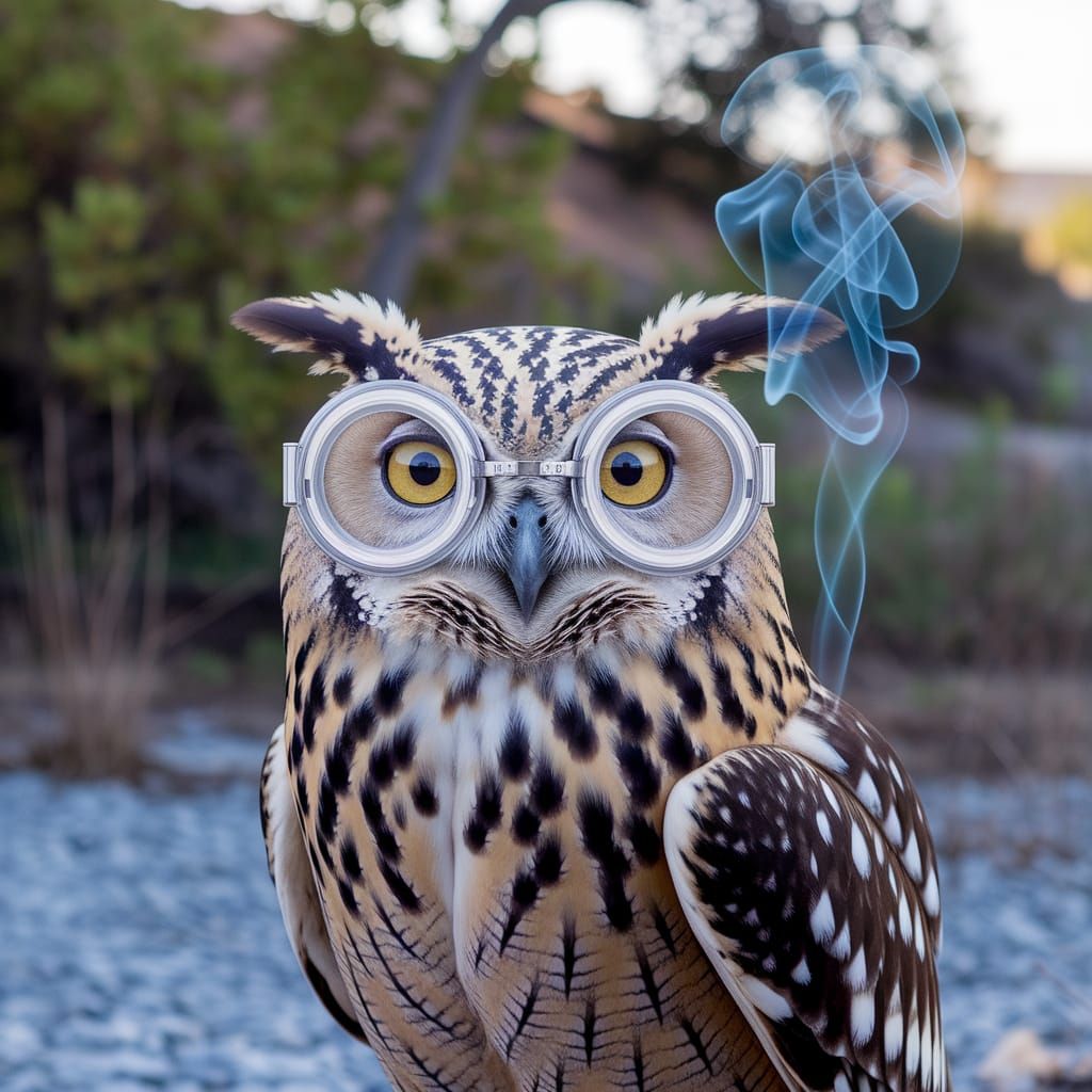 Owl Portrait with Goggles Smoking Cigarette