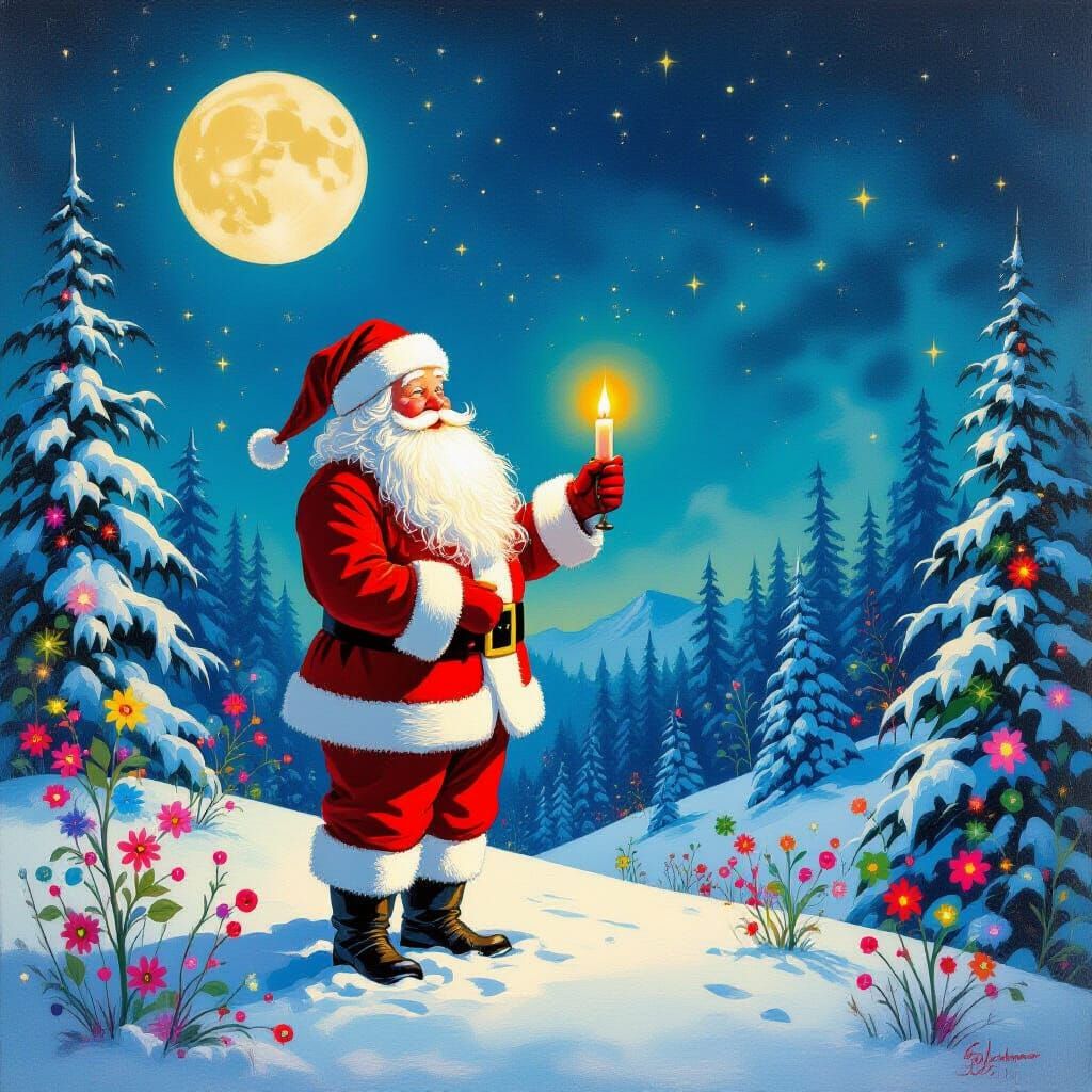 Santa on Alien Planet Under Moonlight in Surreal Style