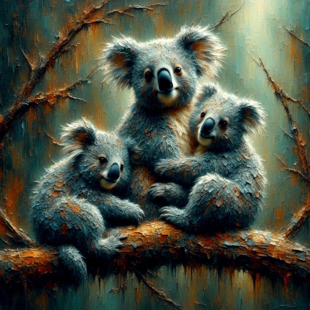 Wet Fluffy Koalas on Branch, Close Up Oil Painting