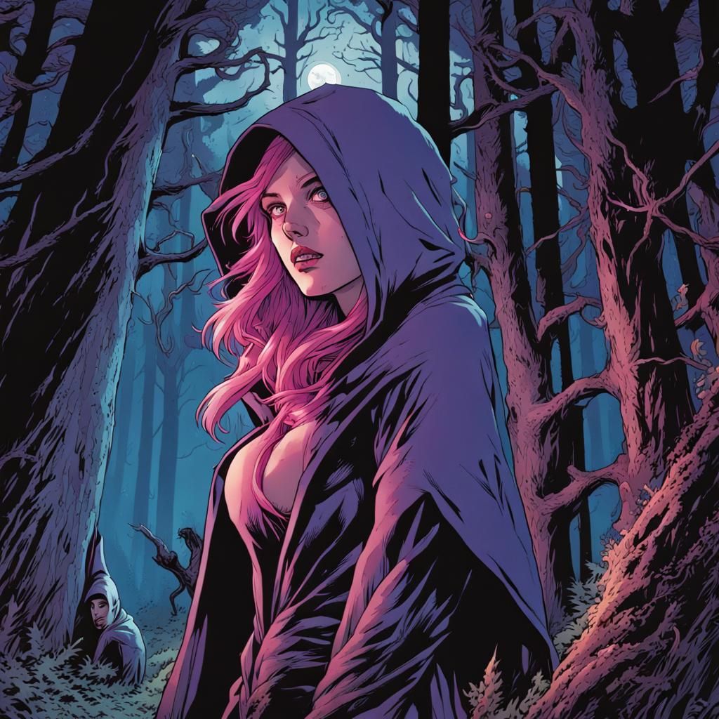Pink-Haired Hunter in a Creepy Forest: Comic Book Art