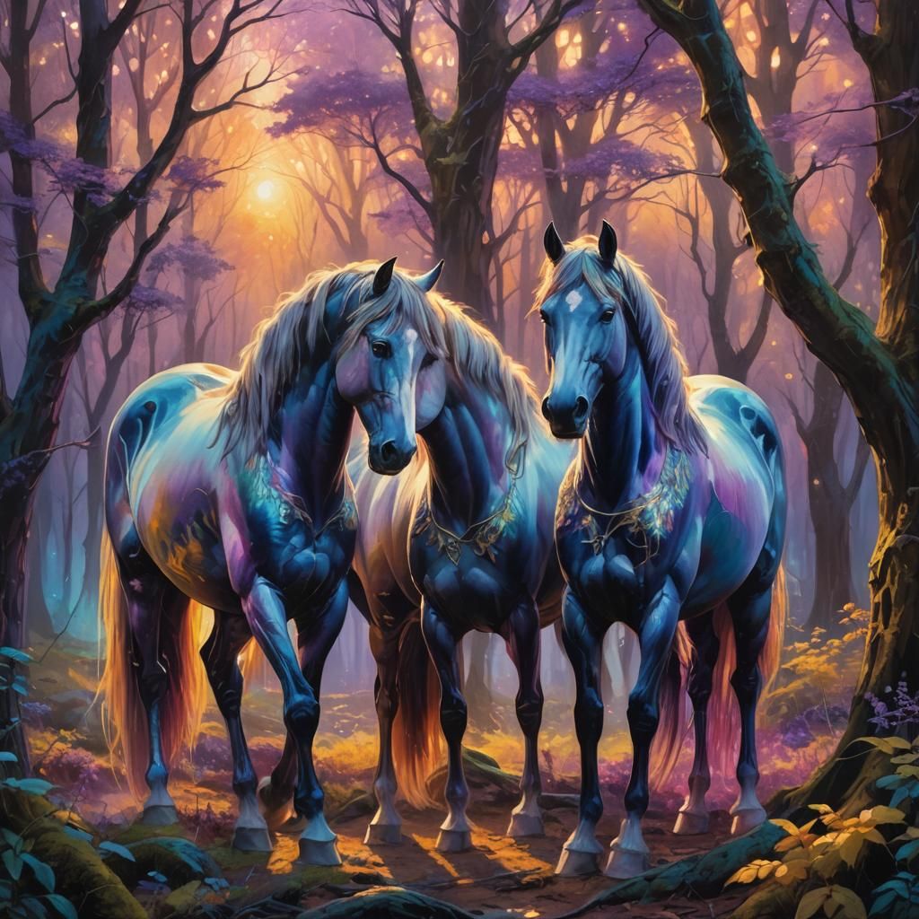 Majestic Horses in Mystical Forest: Fantasy Concept Art