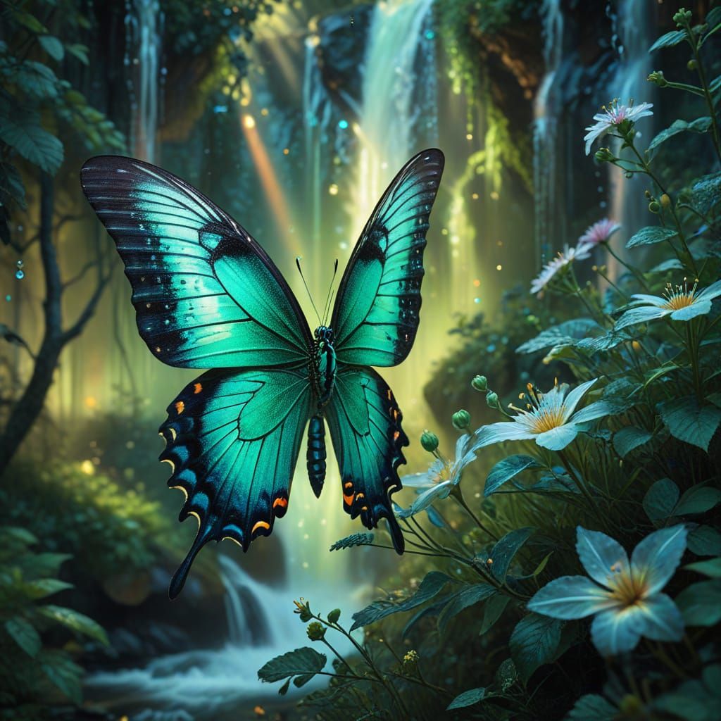 Emerald Swallowtail Butterfly Double Exposure in Hyperrealis...