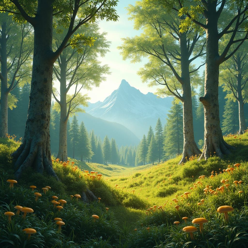 Lush Forest Scene with Chanterelles in Detailed Matte Painti...