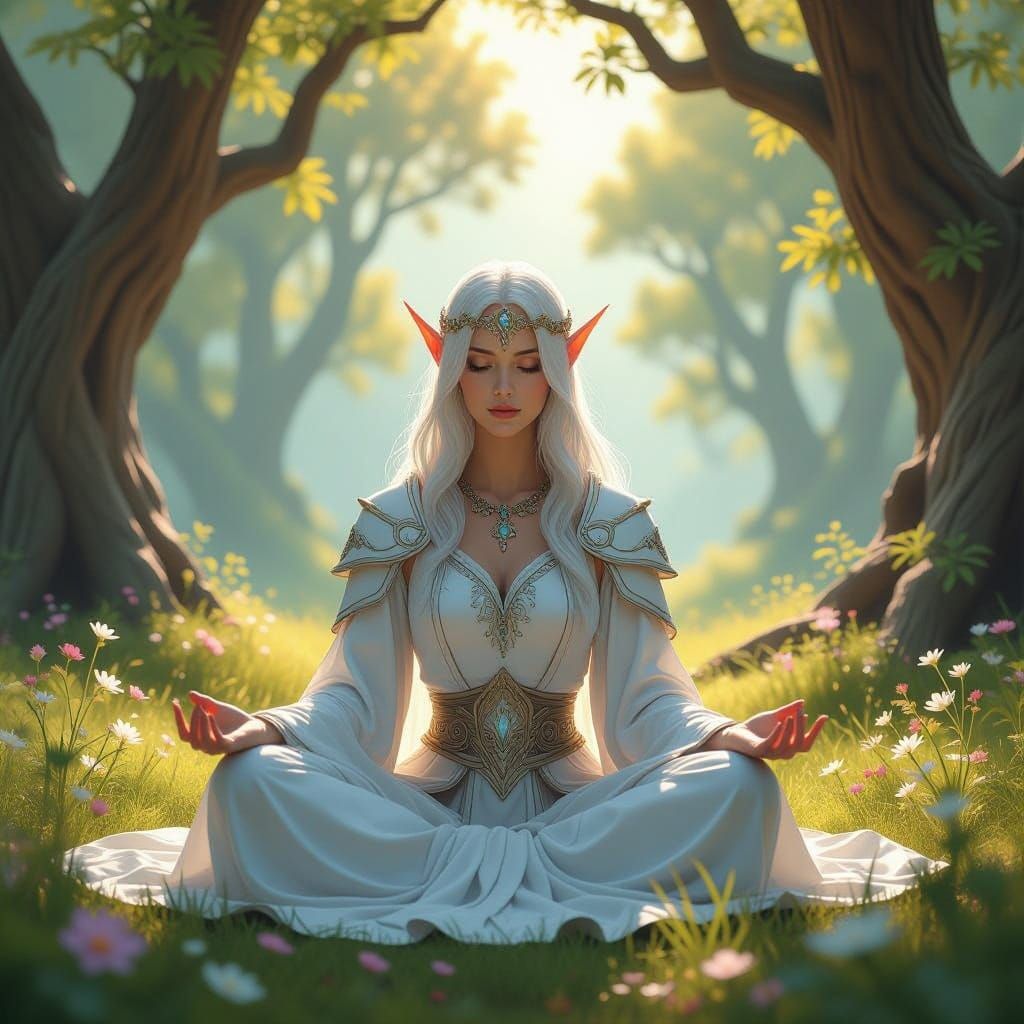 Serene Draenei Priestess in a Sunlit Glade