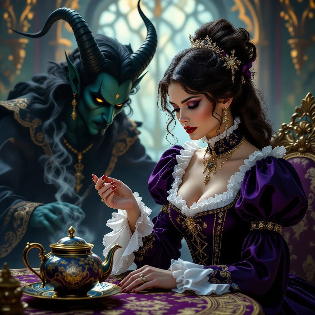 Victorian Woman Gazes at Cursed Teapot with Djinn Looming