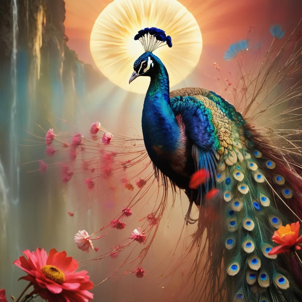 Peacock's Celestial Event with Sunrise and Waterfall