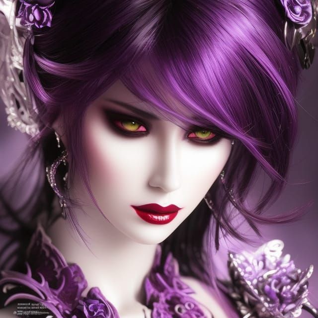 Intricate Dark Haired Demon Angel in Purple