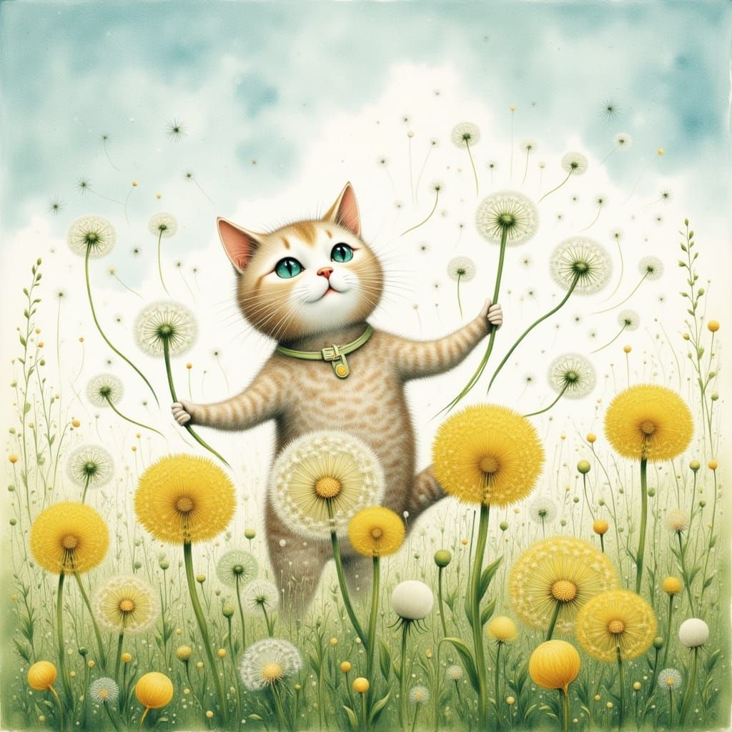 Cat Plays in Dandelion Field, Seeds Fly
