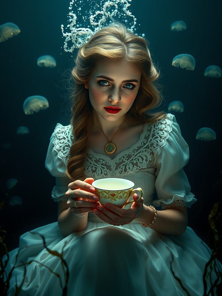 Surreal Victorian Princess Sips Tea in Dark Ocean Depths