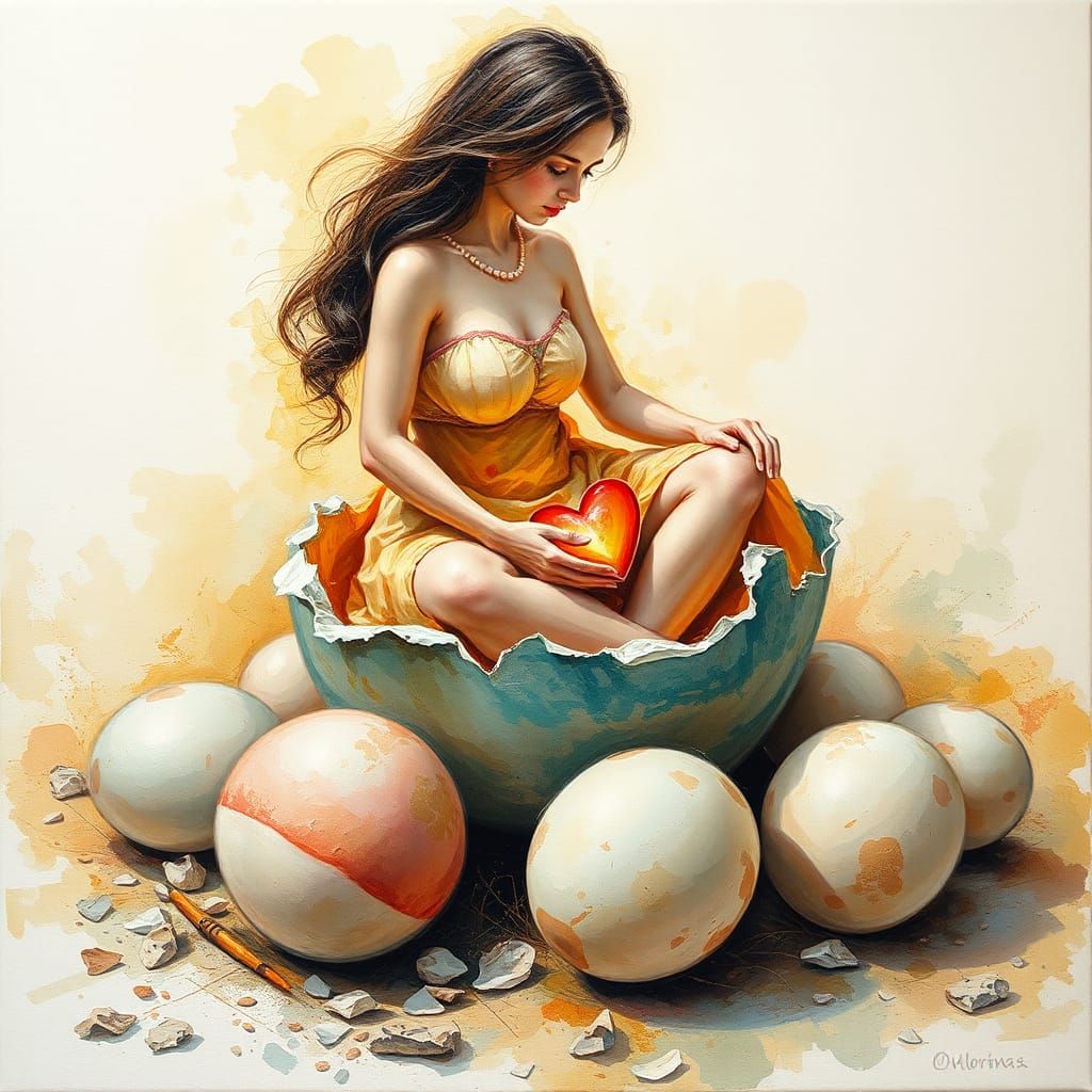 Mother and Eggs: Gouache Impressionist Masterpiece