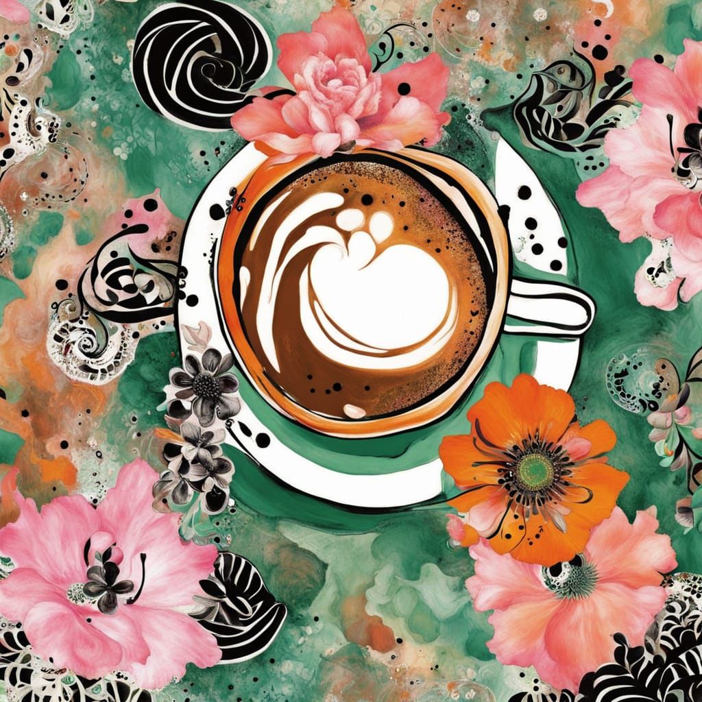Abstract Coffee Stained Flowers on Pink, Orange, Green Backg...