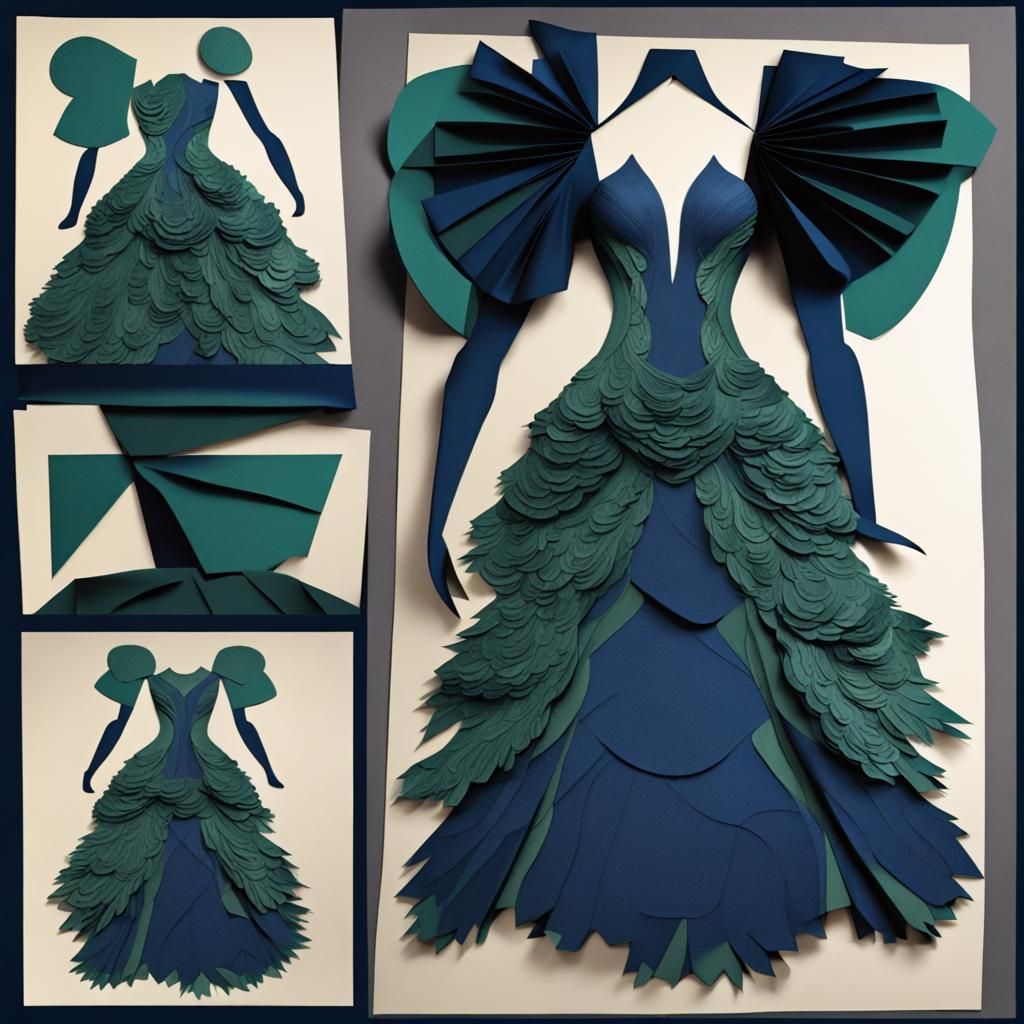 Paper Collage Fine Art :: Alexander McQueen (Full Length Evening  Gown, 1:4) :: (Dark Ink Blue Pine Green Paper, 1:3)   ...