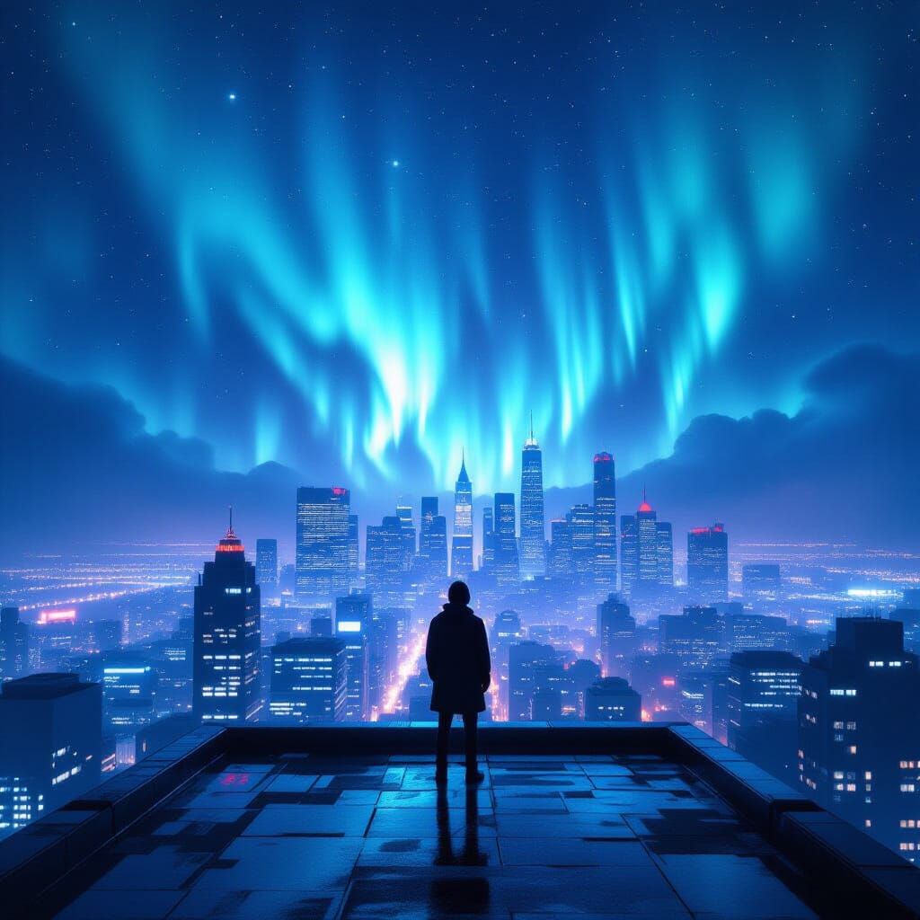 Lone Figure on Rooftop Overlooking Neon City at Night