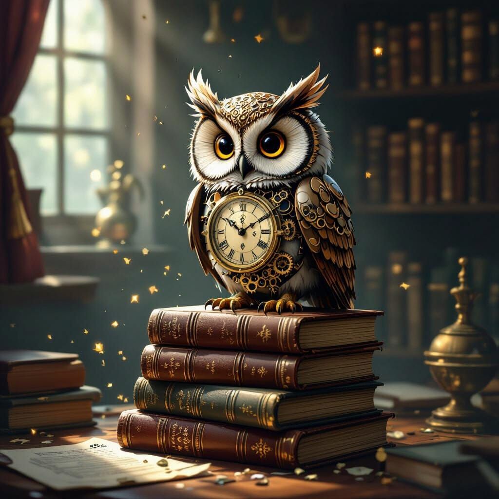 Clockwork Owl on Books in Steampunk Study