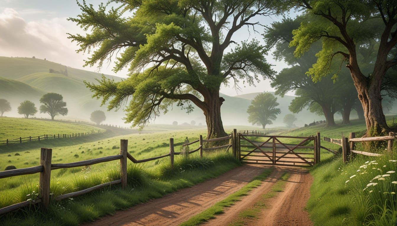 Peaceful Countryside Scene with Winding Road and Rolling Hil...