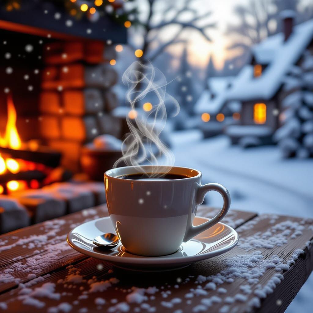 A cozy scene of a steaming coffee cup on a wooden table, bat...