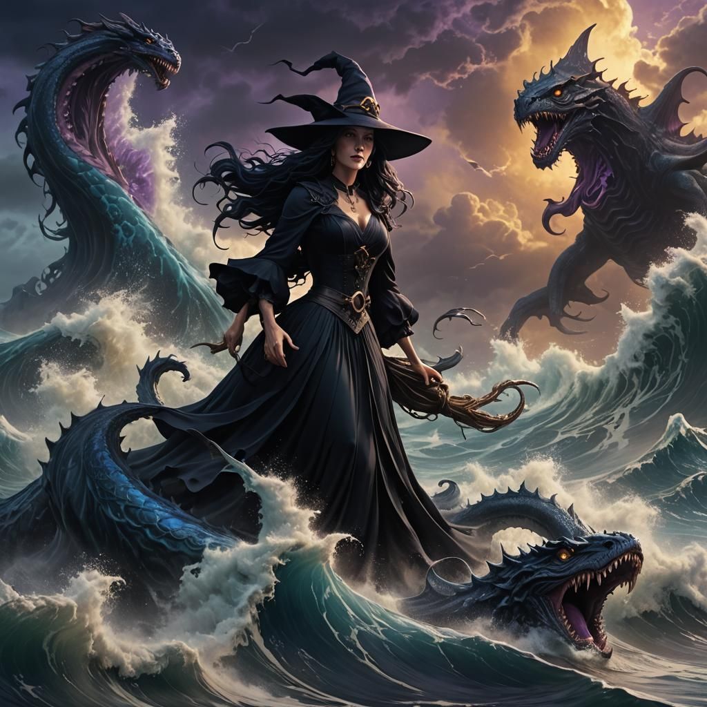 Fantasy Witch Rides Sea Monster: Digital Illustration
