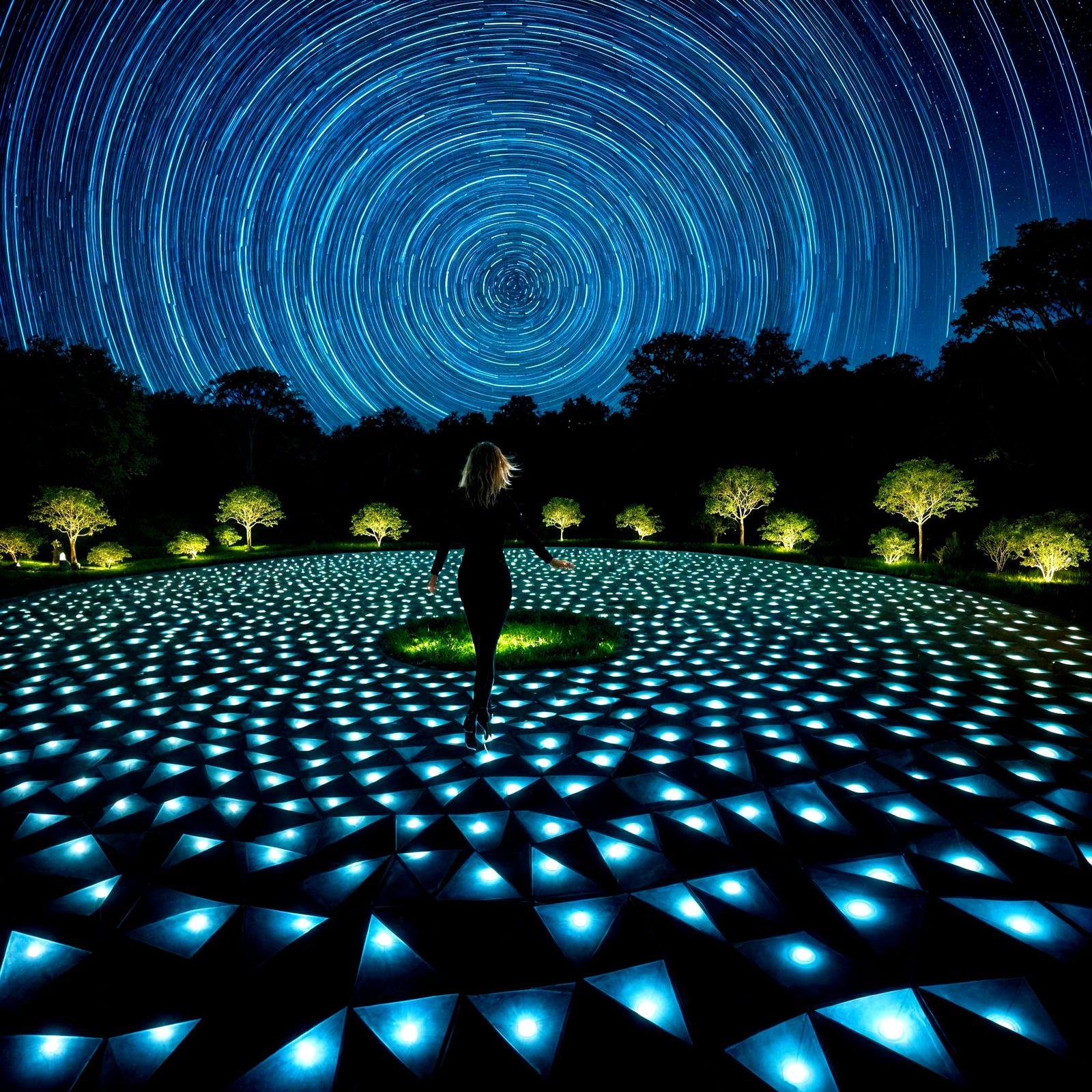 Bioluminescent Dancer in Surreal Garden Landscape