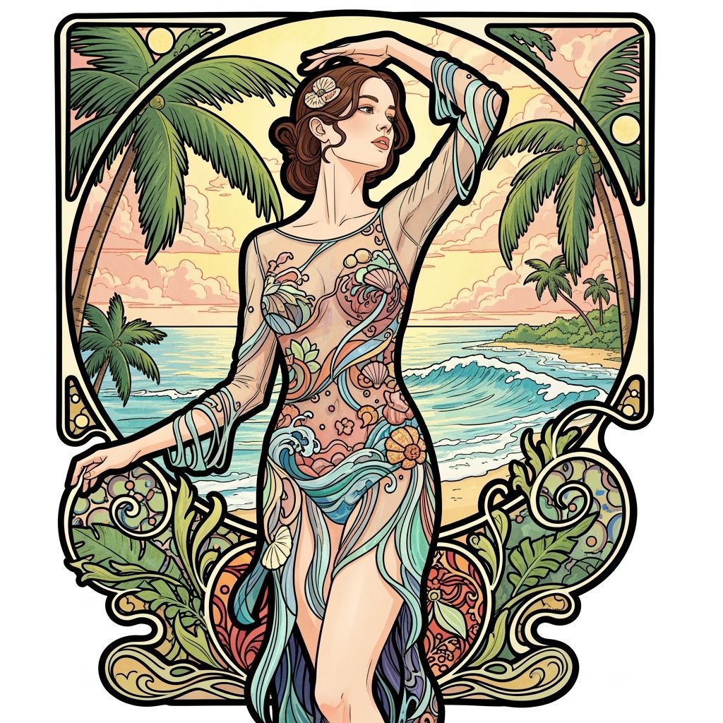 Woman in Sheer Swimsuit, Art Nouveau Style