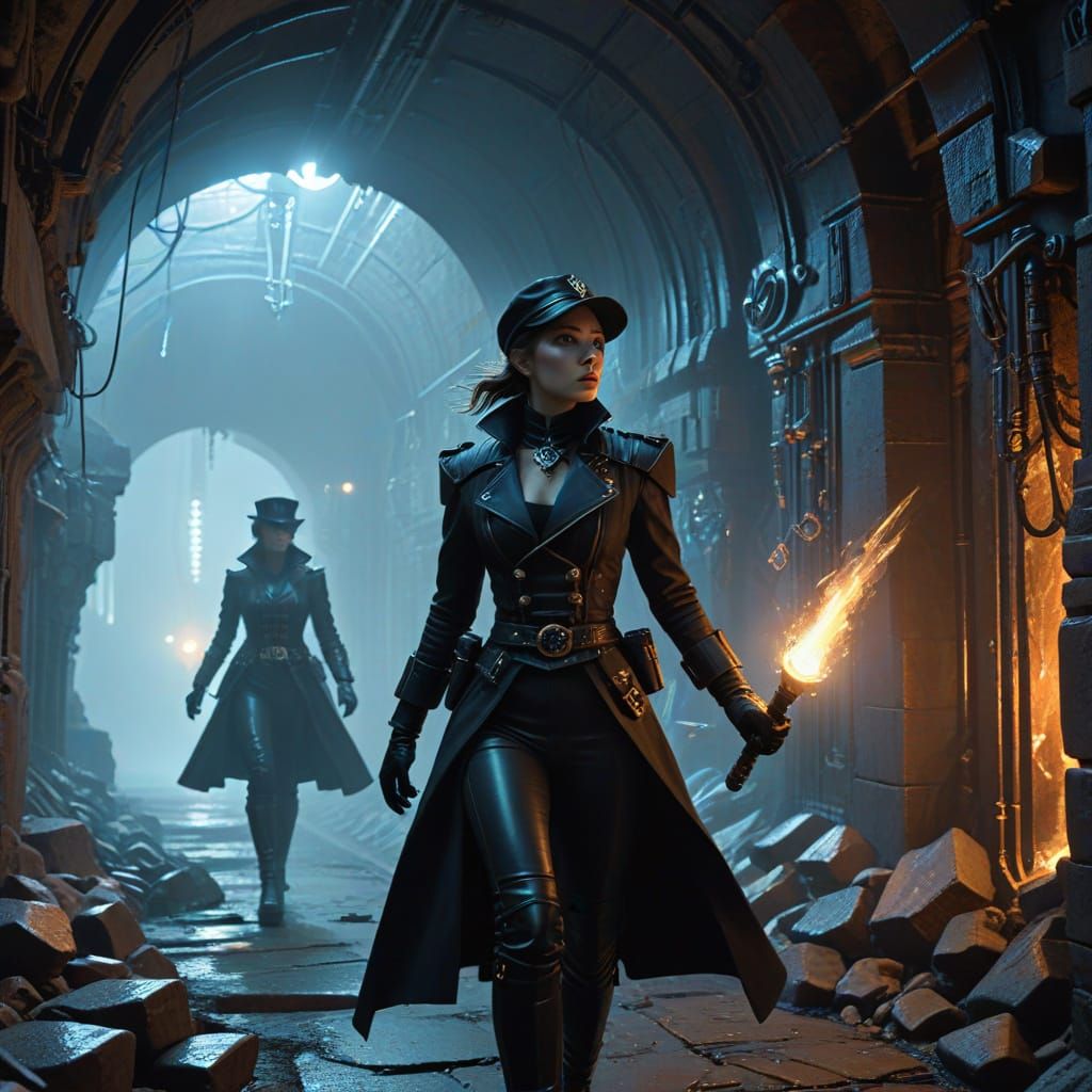 Steampunk Thief Chasing Guardsman in Crystal Tunnel