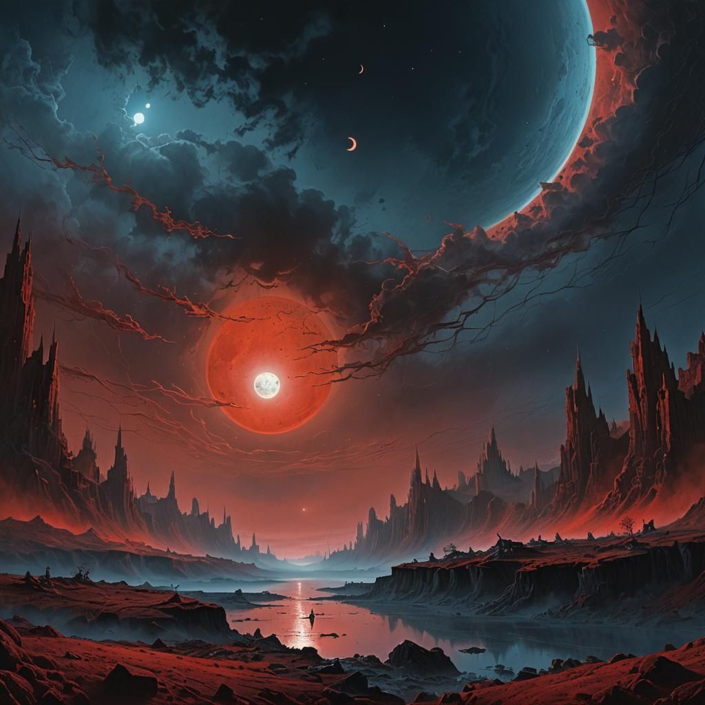 Blood Moon Lunar Eclipse in Mystical Landscape