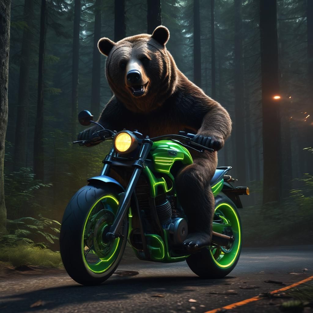 Bear on Motorbike in Dark Forest: 3D Rendering