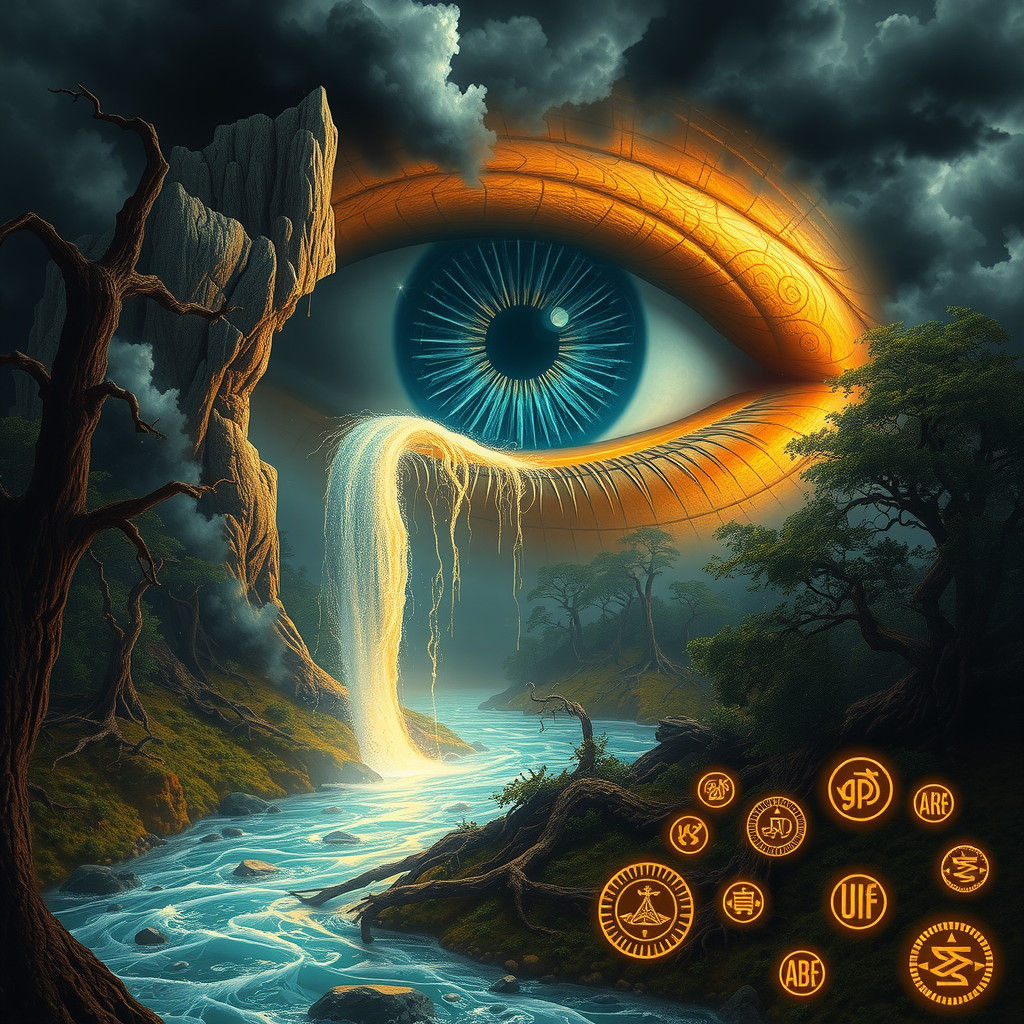 Colossal Eye Weeps Luminous River in Primeval Forest