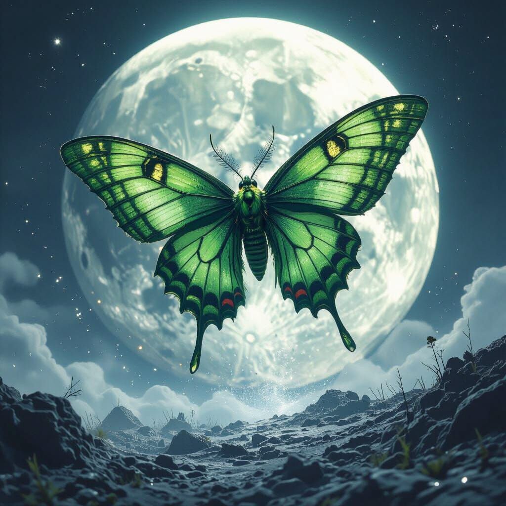 Green Lunar Moth Kaiju Ascends from Moon
