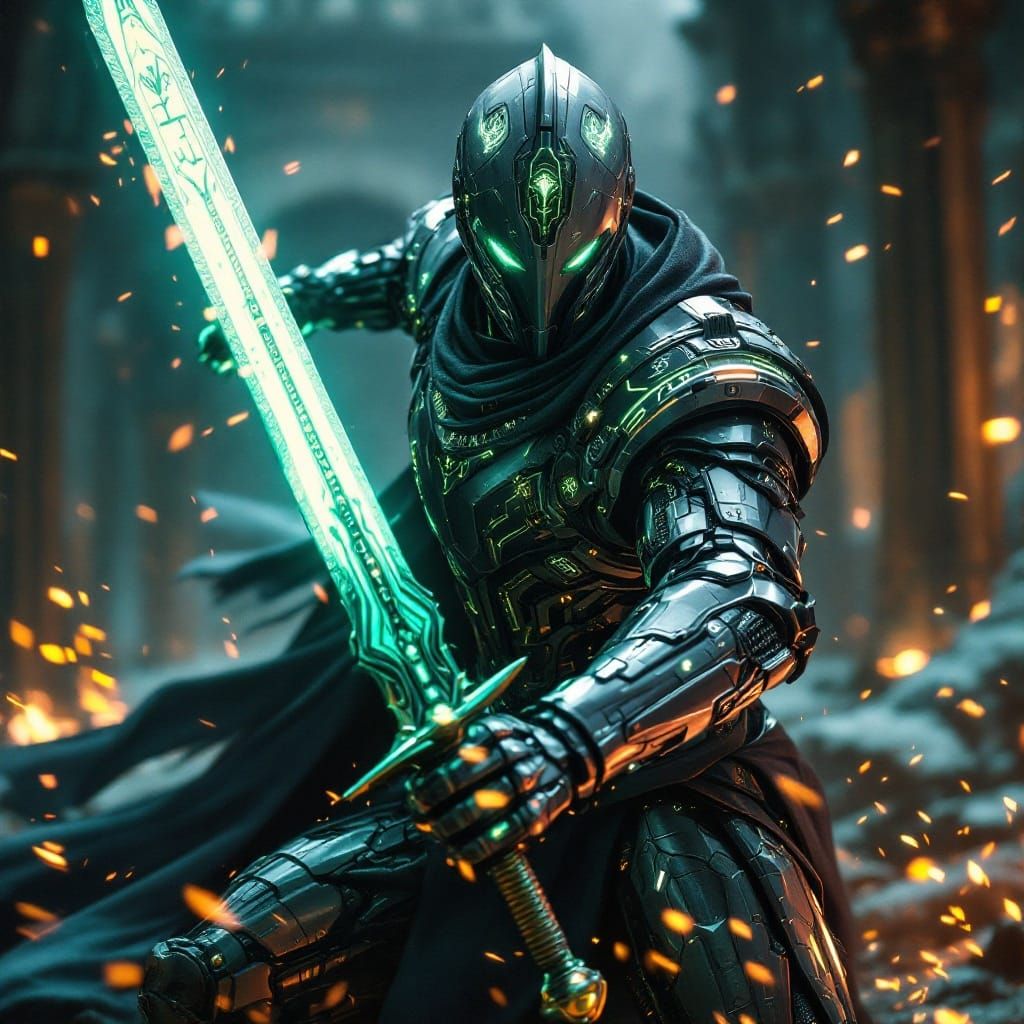 Futuristic Paladin Strikes with Cybernetic Sword