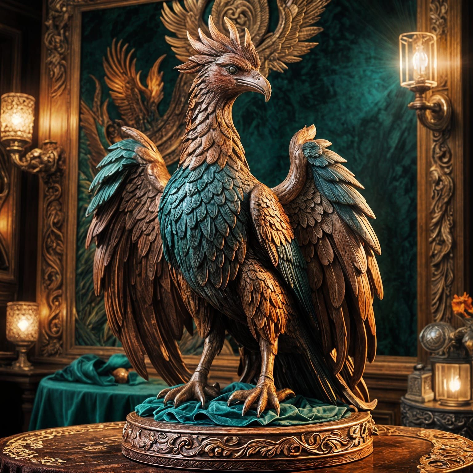 Mystical Phoenix Wood Carving on Velvet