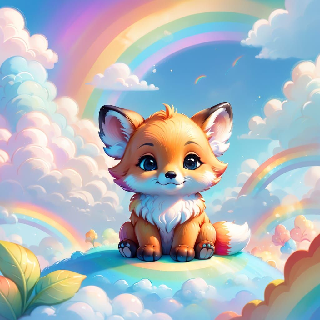 Chibi Fox and Elephant on Rainbow in Pastel Colors