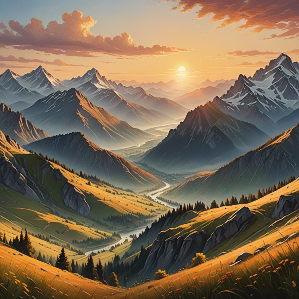 Sunrise Majestic Mountains in Vibrant Oil Painting