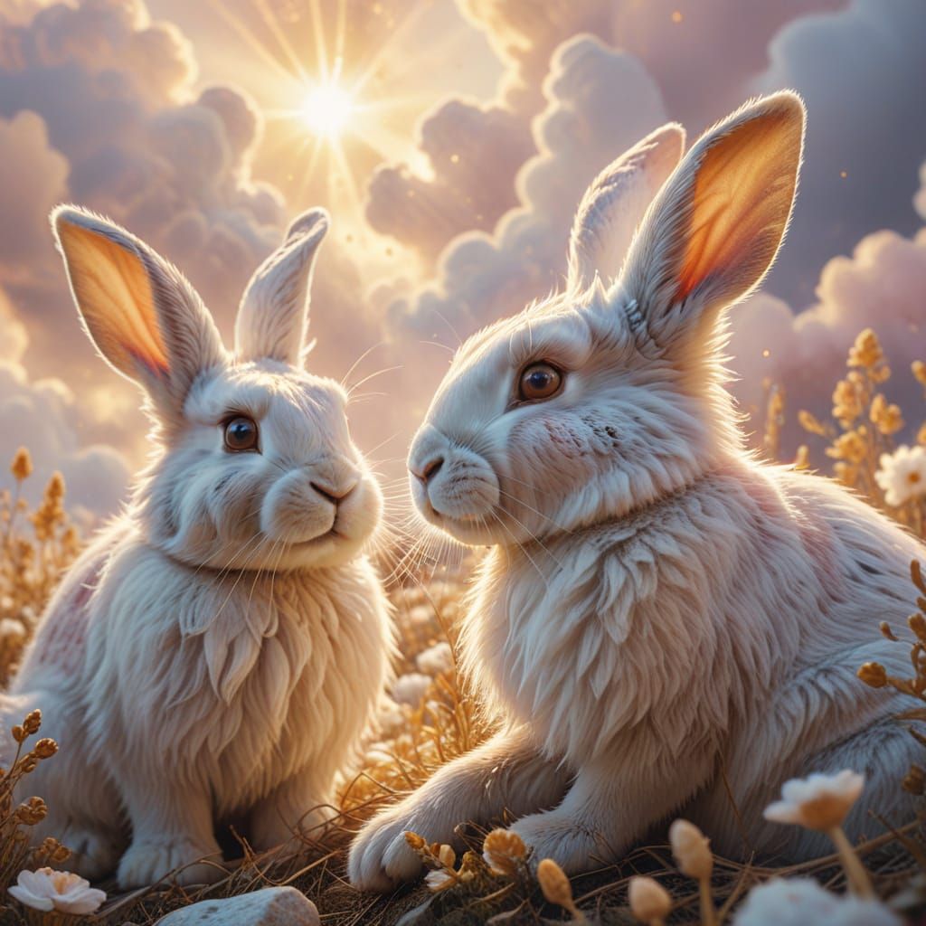 Fantasy Bunnies in Valhalla Watercolor Art