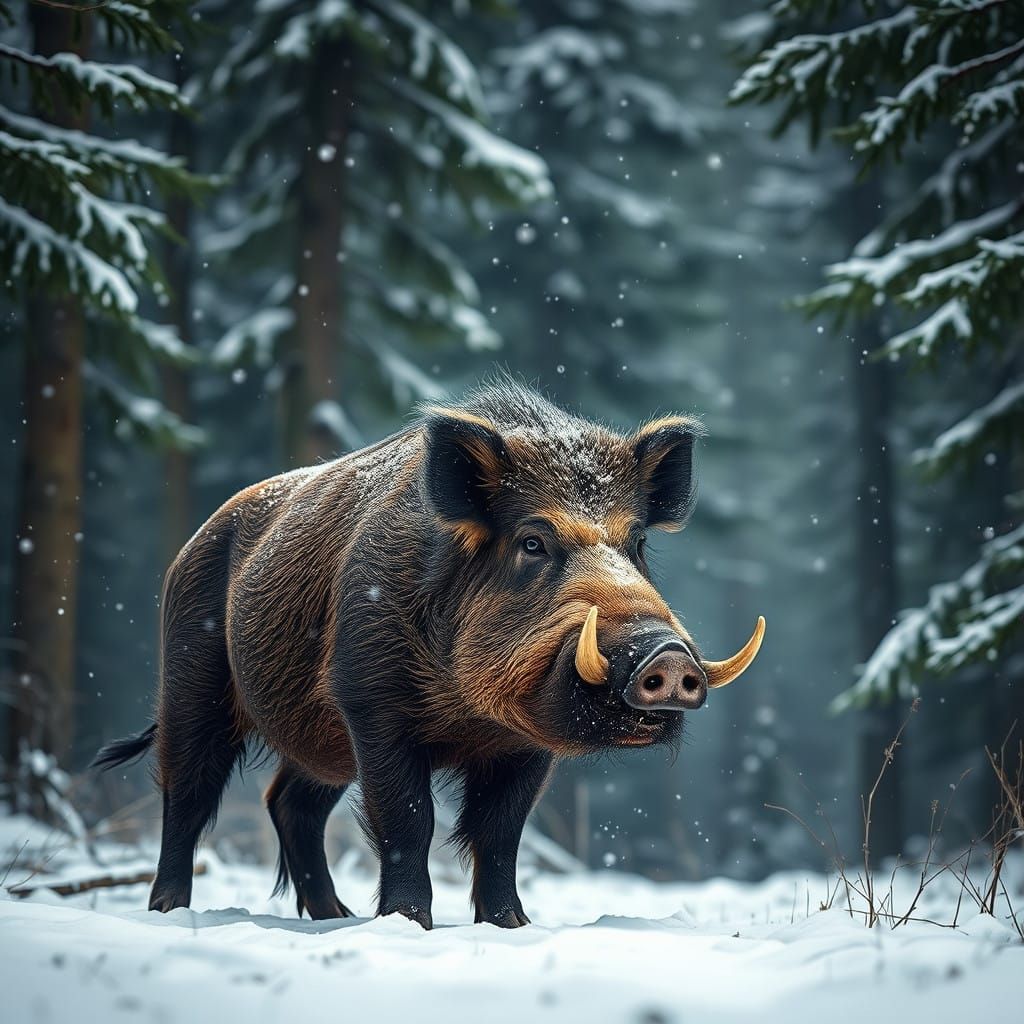 Powerful Wild Boar Dominates Snow-Blanketed Forest