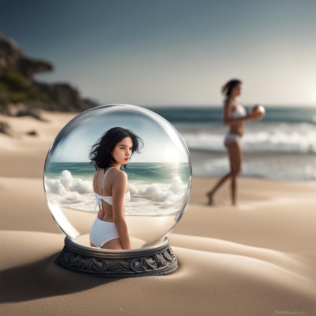 Girl in Snow Globe on Beach: Hyperrealistic Image