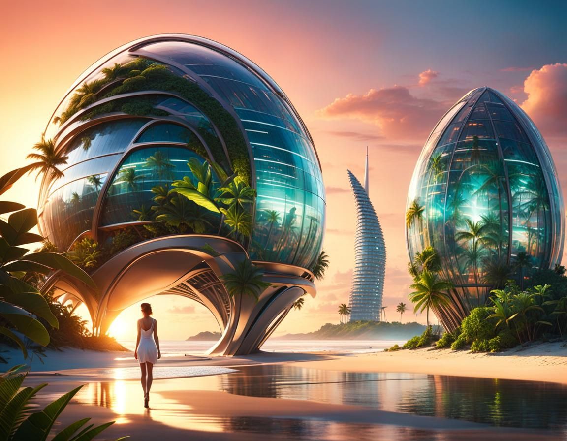 Tropical Sunset at Futuristic City Beach