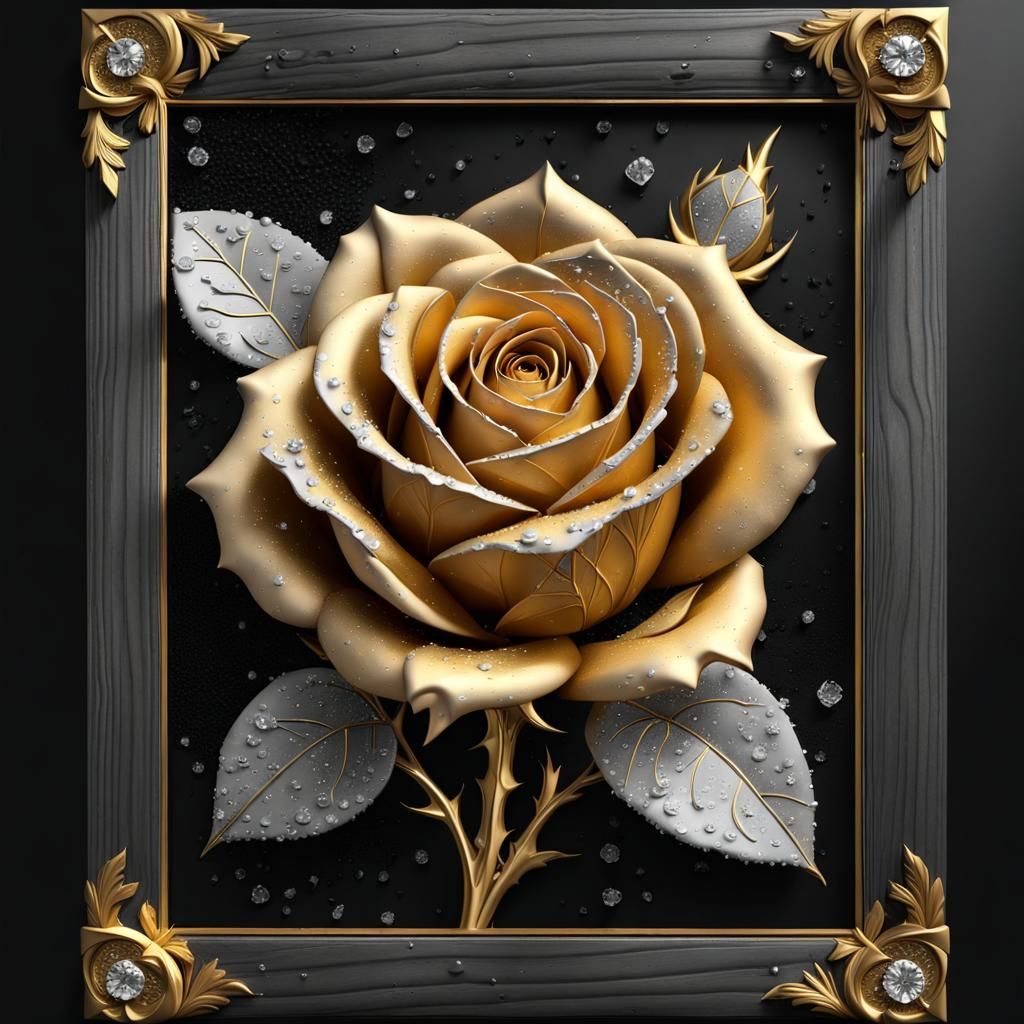 Gold Rose with Diamonds in Wooden Frame