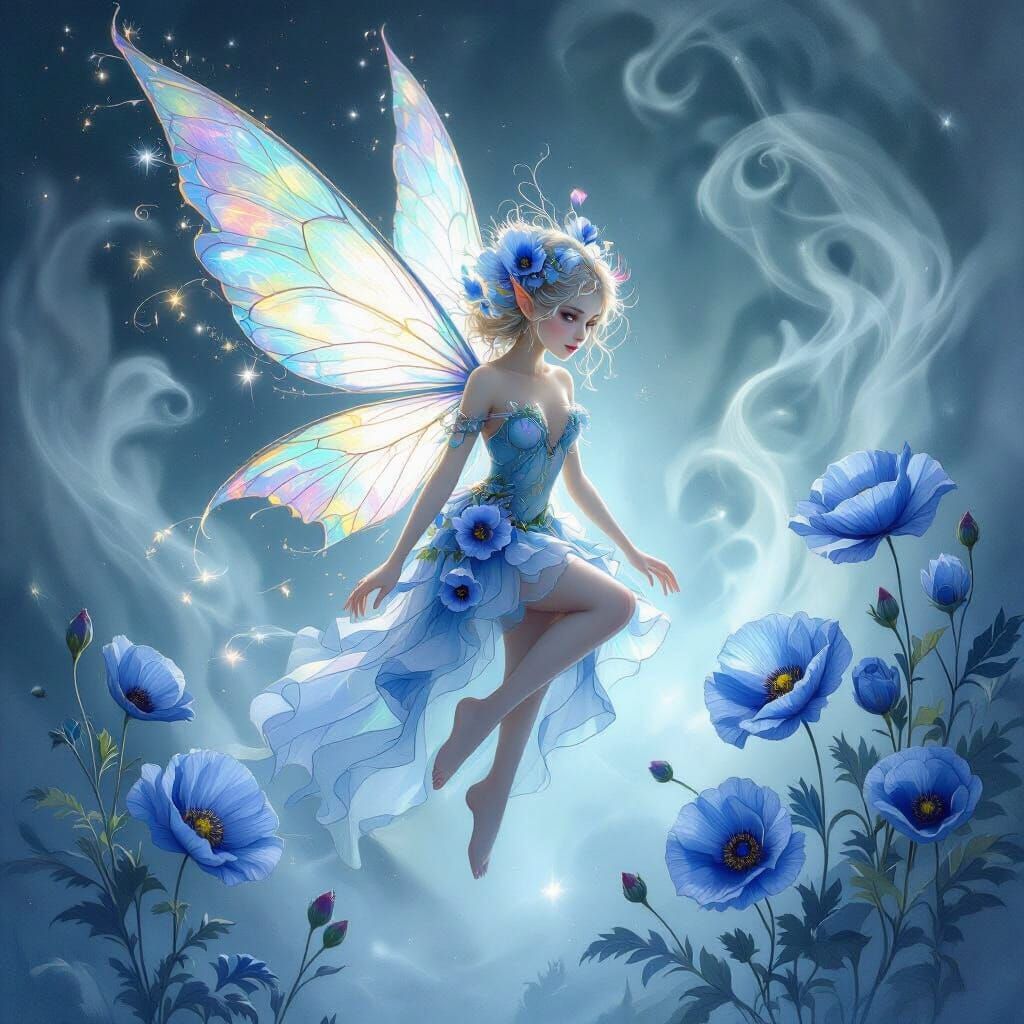 Ethereal Fairy Adorned with Blue Poppies in Misty Landscape