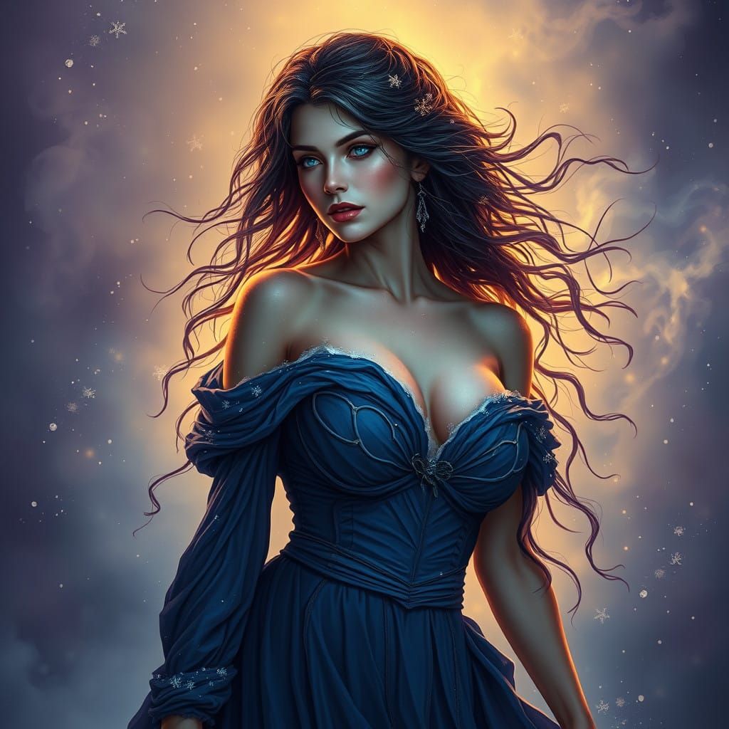 Mystical, Dark Fantasy Woman in Frostbite Blue Gown, Swirlin...