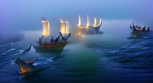 Vikings Sailing through the Mist